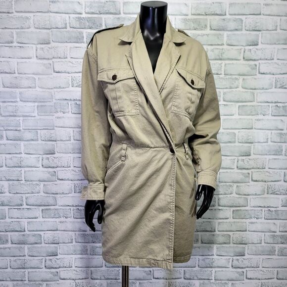 Vintage 90s DKNY Jeans Womens 2 Khaki Denim Wrap‎ Long Sleeve Shirt Dress - Picture 1 of 10